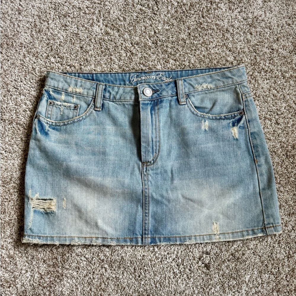 Vintage Y2K American Eagle Outfitters Light Blue Distressed Mini Skirt